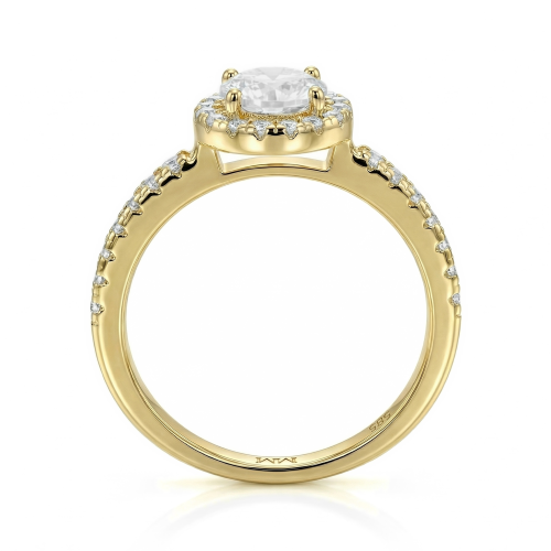 Dynara - anello di fidanzamento con moissanite, montatura halo e corpo dell’anello con pavé