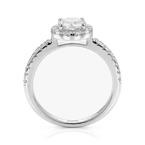 Dynara - anello di fidanzamento con moissanite, montatura halo e corpo dell’anello con pavé