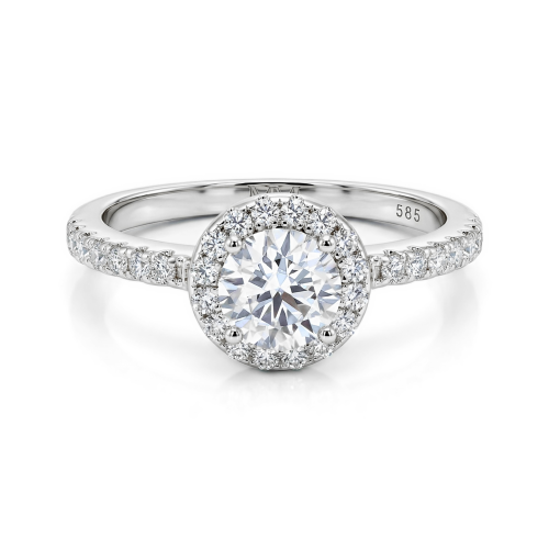 Dynara - anello di fidanzamento con moissanite, montatura halo e corpo dell’anello con pavé