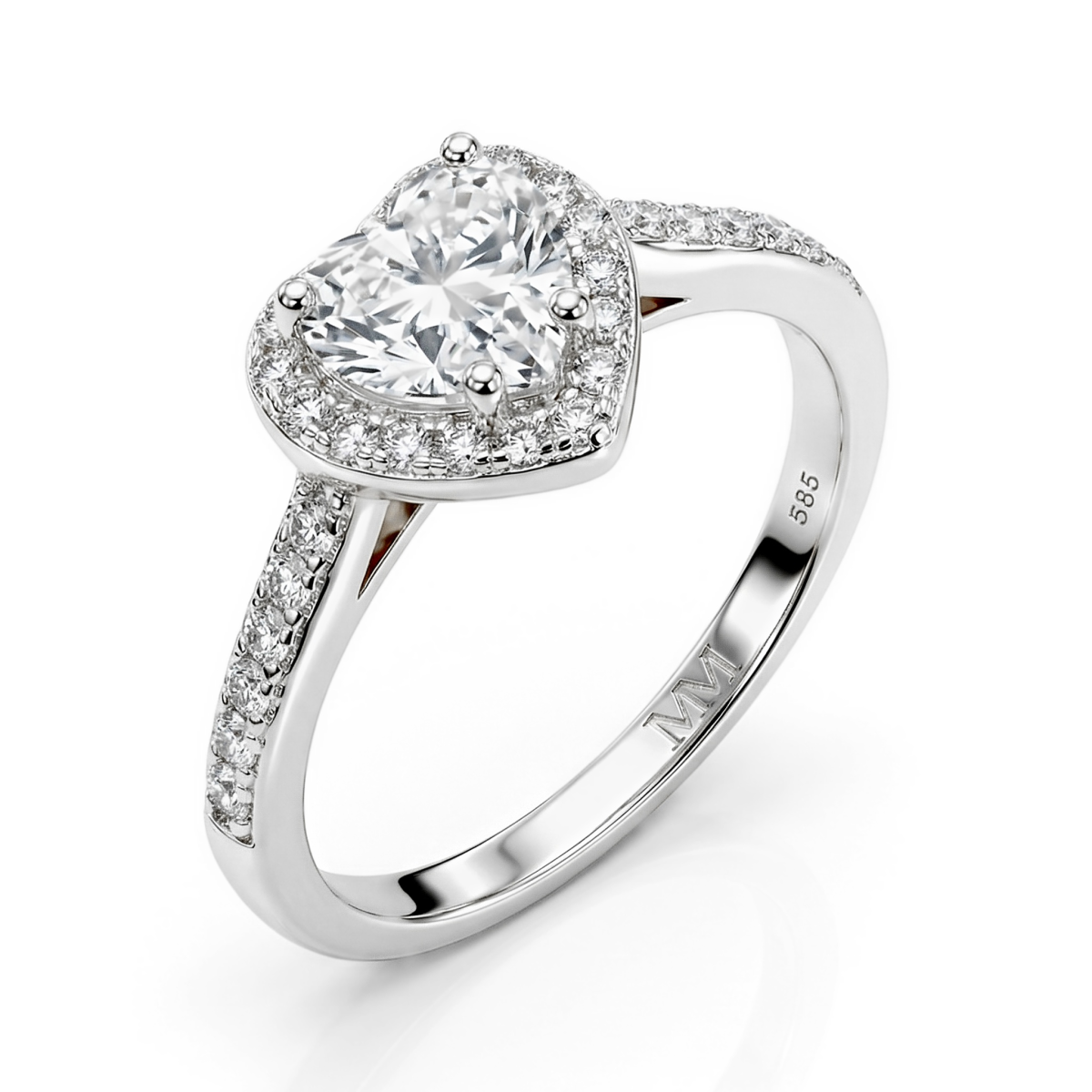 Amoria - anello di fidanzamento con moissanite taglio a cuore, montatura halo e pietre laterali con incastonatura a pavé
