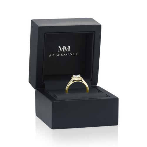 Amoria - anello di fidanzamento con moissanite con taglio a cuore, montatura halo e pietre laterali incastonate a pavé