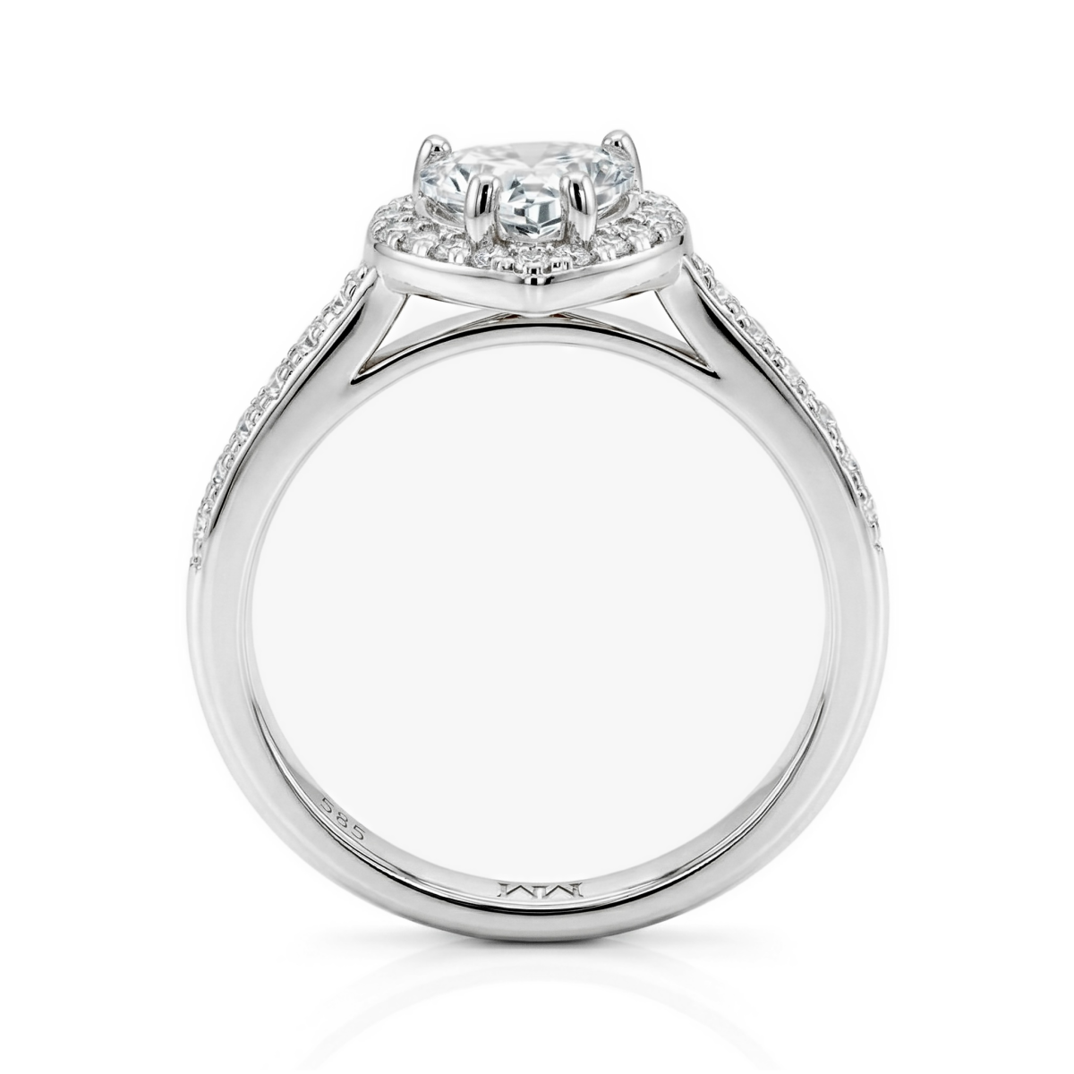 Amoria - anello di fidanzamento con moissanite taglio a cuore, montatura halo e pietre laterali con incastonatura a pavé