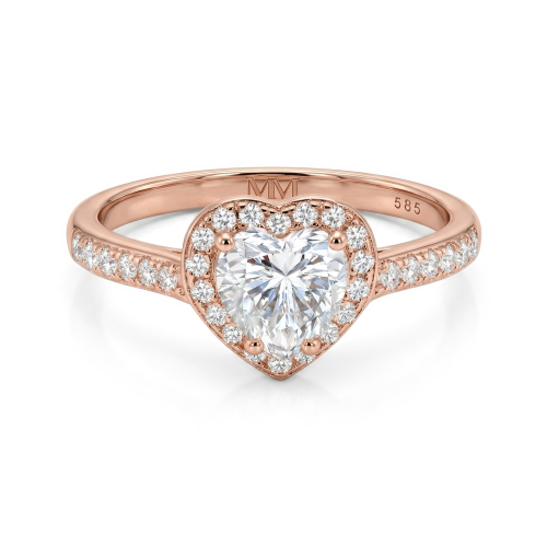 Amoria - anello di fidanzamento con moissanite con taglio a cuore, montatura halo e pietre laterali incastonate a pavé