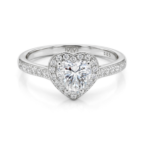 Amoria - anello di fidanzamento con moissanite con taglio a cuore, montatura halo e pietre laterali incastonate a pavé
