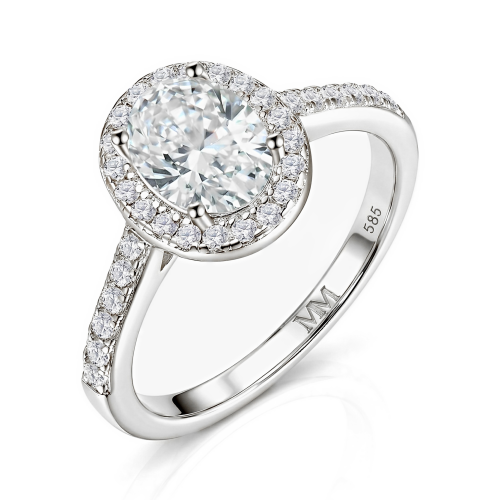 Orletta - anello di fidanzamento con moissanite ovale, montatura halo a pavé e corpo dell’anello a pavé