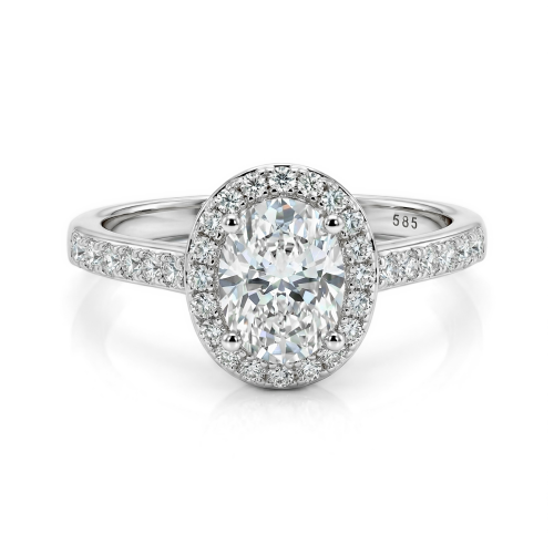 Orletta - anello di fidanzamento con moissanite ovale, montatura halo a pavé e corpo dell’anello a pavé