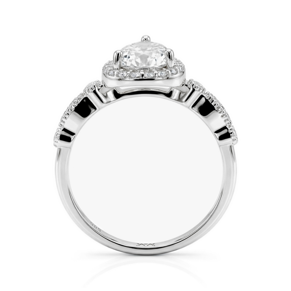 Elanore - anello di fidanzamento con moissanite con taglio a goccia e gambo intrecciato a pavé