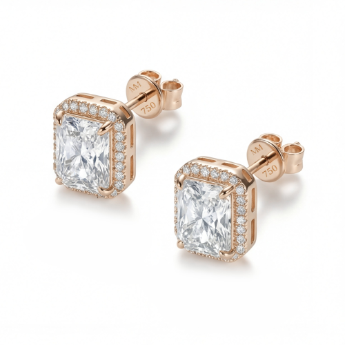 Aura - orecchini a lobo con pietre di moissanite a taglio radiant e montatura halo