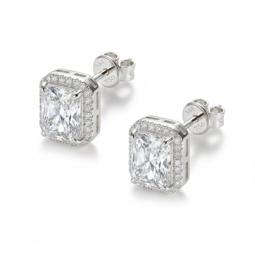 Aura - orecchini a lobo con pietre di moissanite a taglio radiant e montatura halo