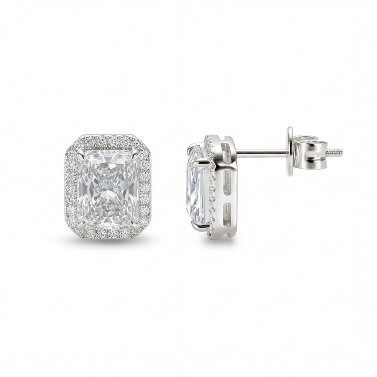 Aura - orecchini a lobo con moissanite dal taglio radiant in montatura halo