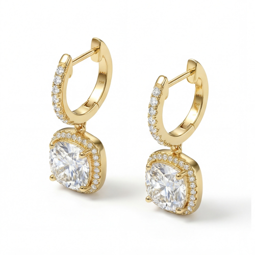 Cushion Drops - orecchini pendenti in moissanite con montatura halo e cerchietti aderenti al lobo