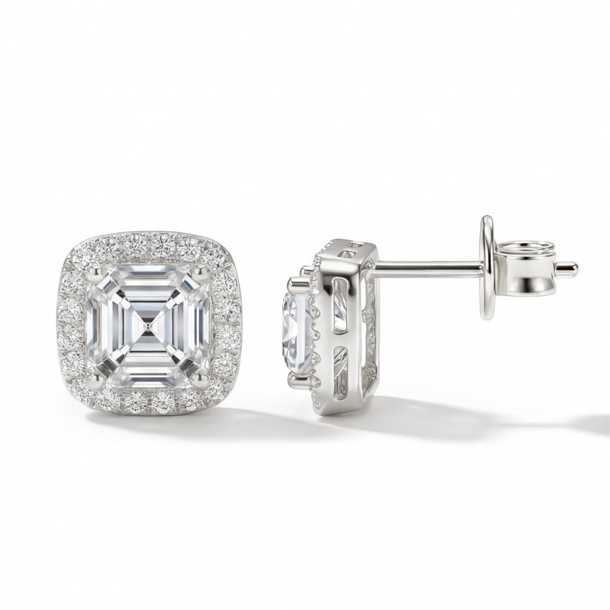 Tetrona - orecchini a lobo con moissanite taglio Asscher in montatura halo