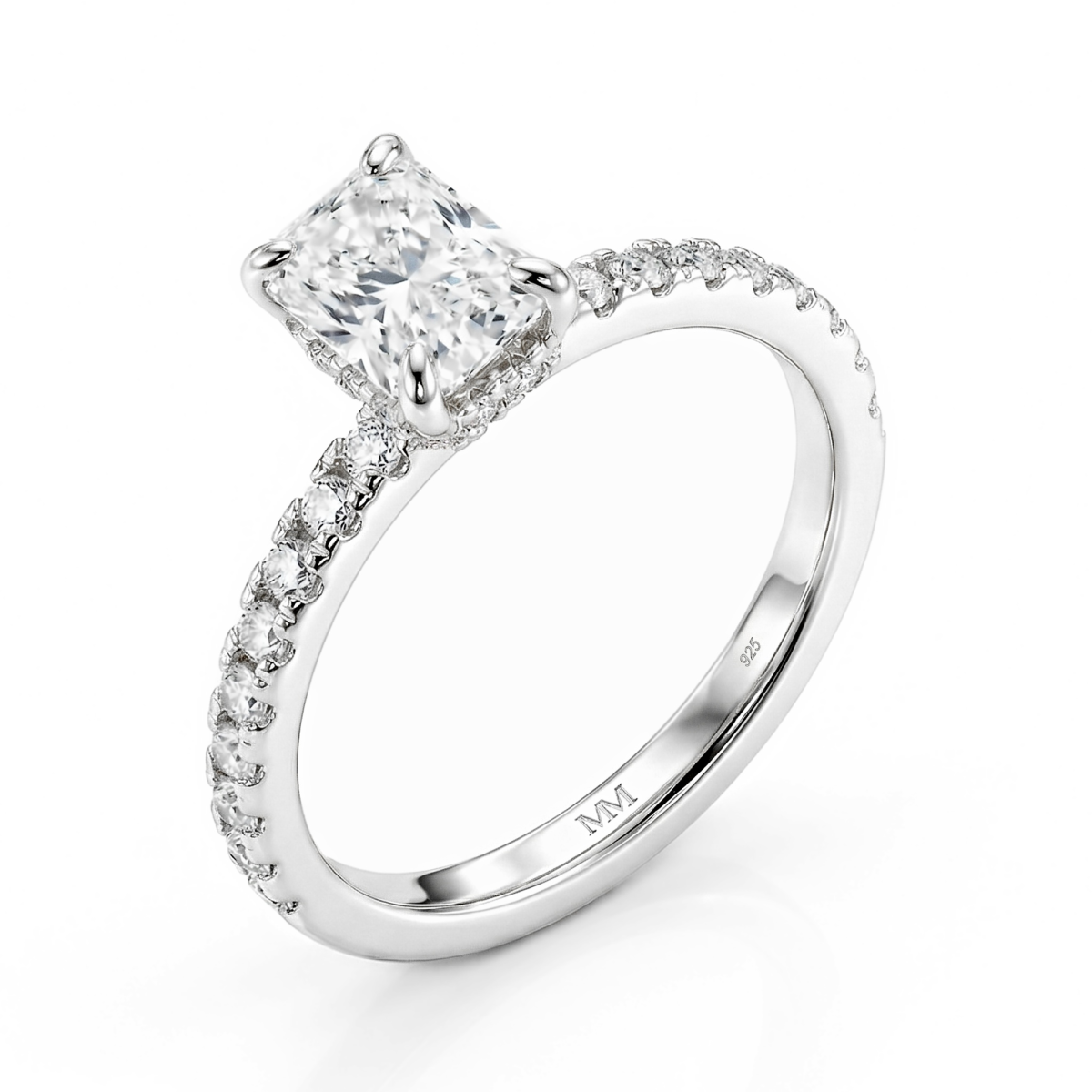 Astra - anello con moissanite, pietre laterali in pavé e halo nascosto