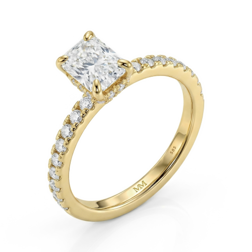 Astra - anello con moissanite con taglio radiant, pietre laterali incastonate a pavé e halo nascosto
