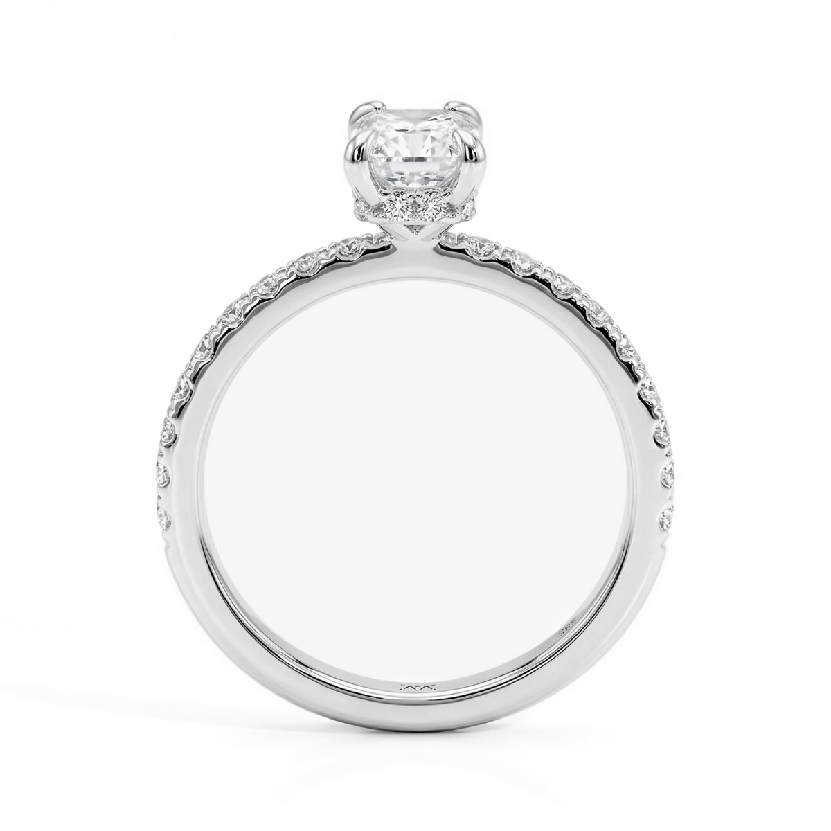 Astra - anello con moissanite, pietre laterali in pavé e halo nascosto