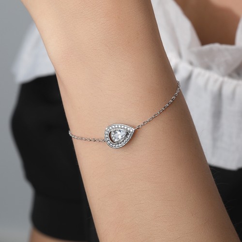 Peraise - bracciale con moissanite di taglio a goccia e catena a maglie con halo