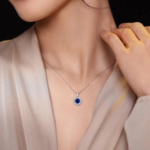 Purelle - ciondolo con moissanite blu reale in montatura halo e catena a maglie