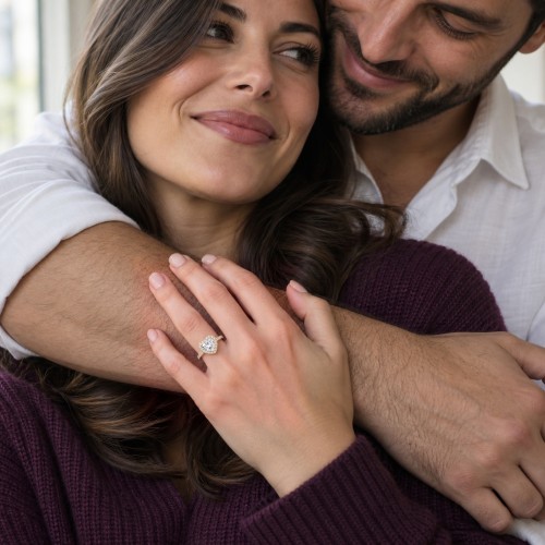 Amoria - anello di fidanzamento con moissanite con taglio a cuore, montatura halo e pietre laterali incastonate a pavé