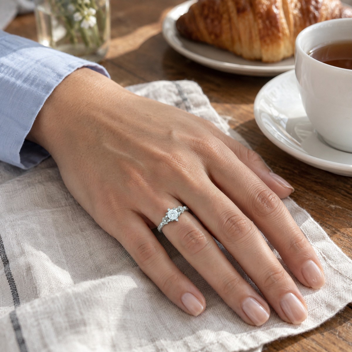 Primrose - anello vintage con moissanite rotonda e spalle floreali
