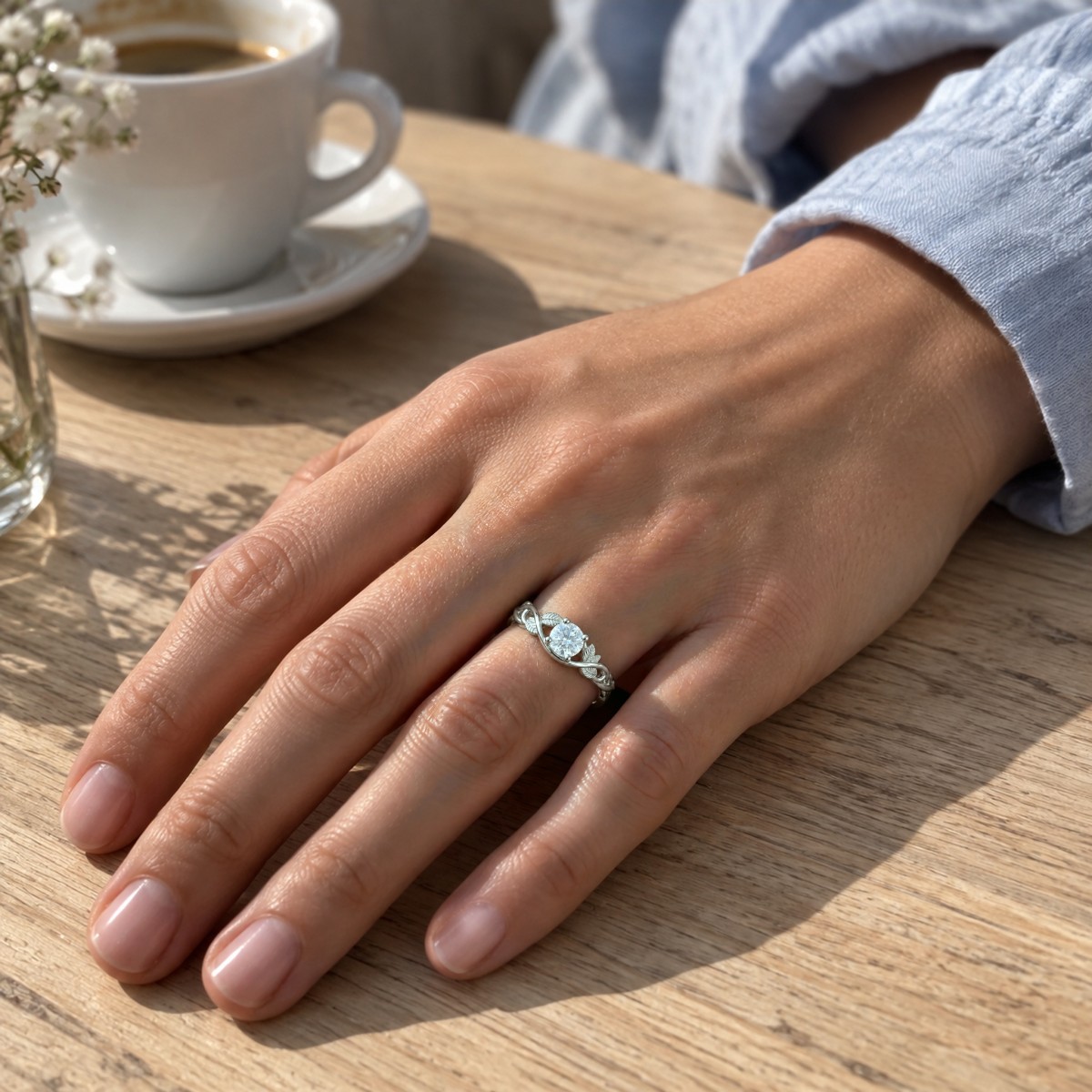 Ivy - anello di fidanzamento con moissanite rotonda e spalle a tralcio di foglie