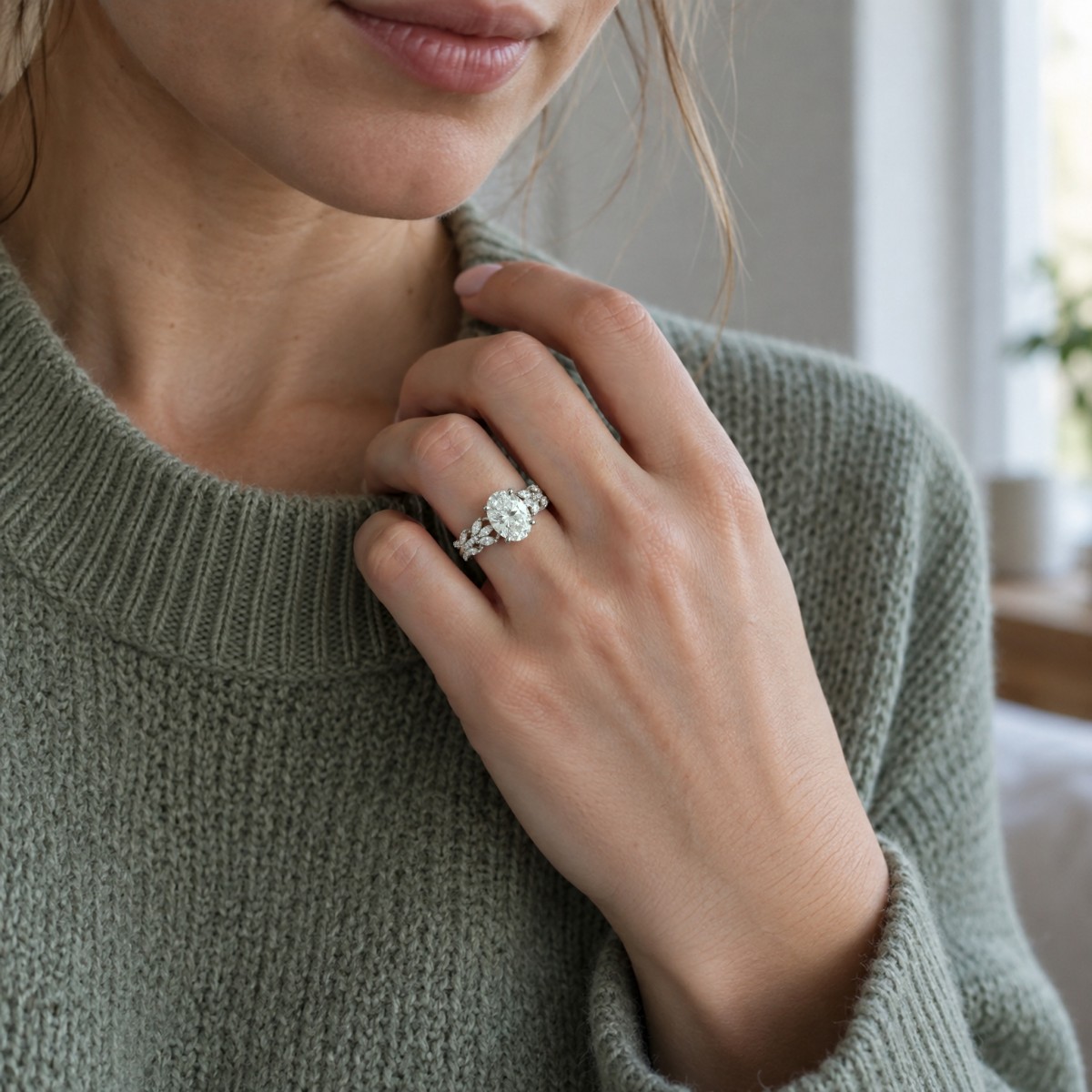 Wisteria - anello con moissanite ovale e corpo dell’anello a tralcio intrecciato