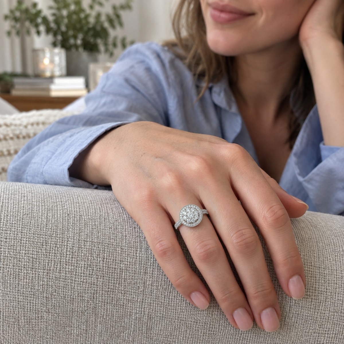 Corollina - anello con cluster rotondo di moissanite, halo e spalle con pavé