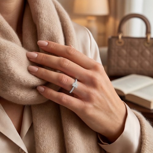 Astra - anello con moissanite con taglio radiant, pietre laterali incastonate a pavé e halo nascosto