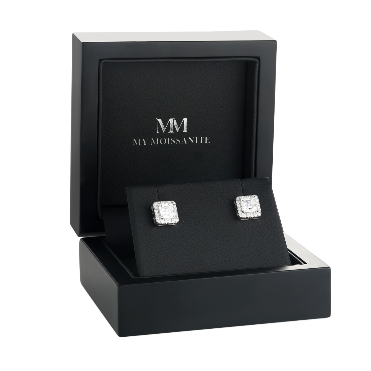 Tetrona - orecchini a lobo con moissanite taglio Asscher in montatura halo