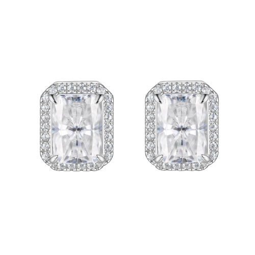 Aura - orecchini a lobo con pietre di moissanite a taglio radiant e montatura halo