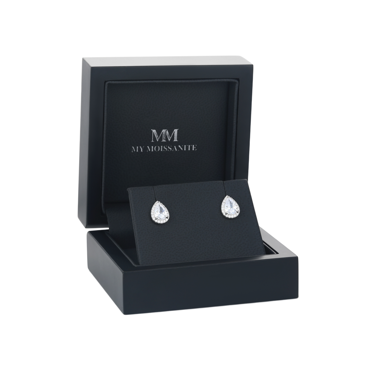 Halo Pears - orecchini a lobo con moissanite a goccia e montatura halo