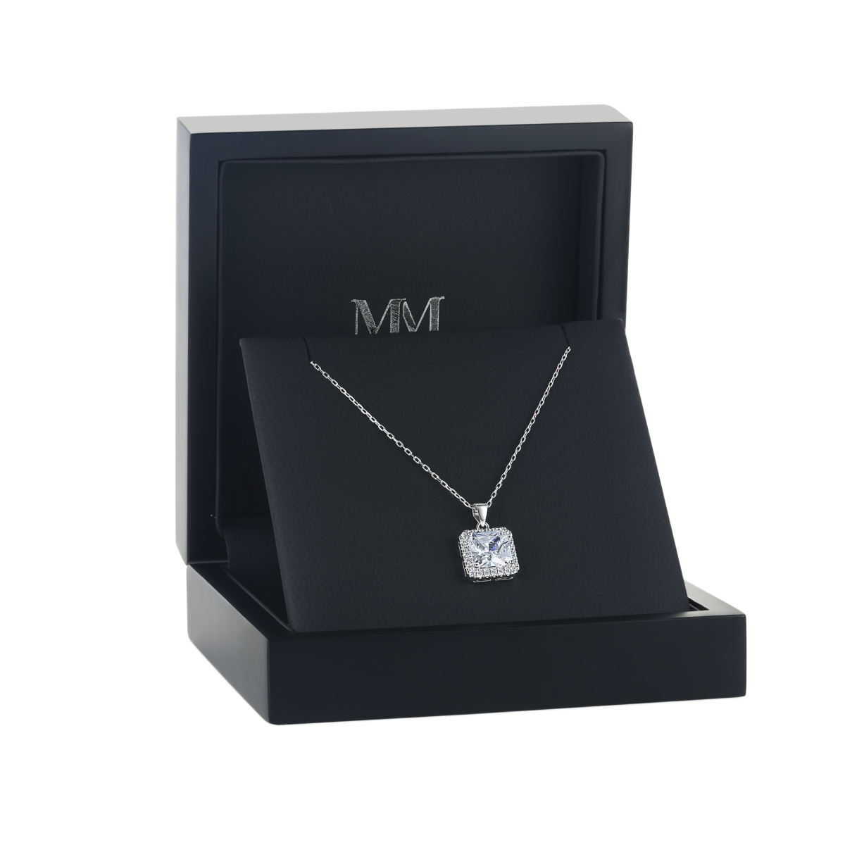 Radiance - ciondolo con moissanite con taglio princess e montatura halo
