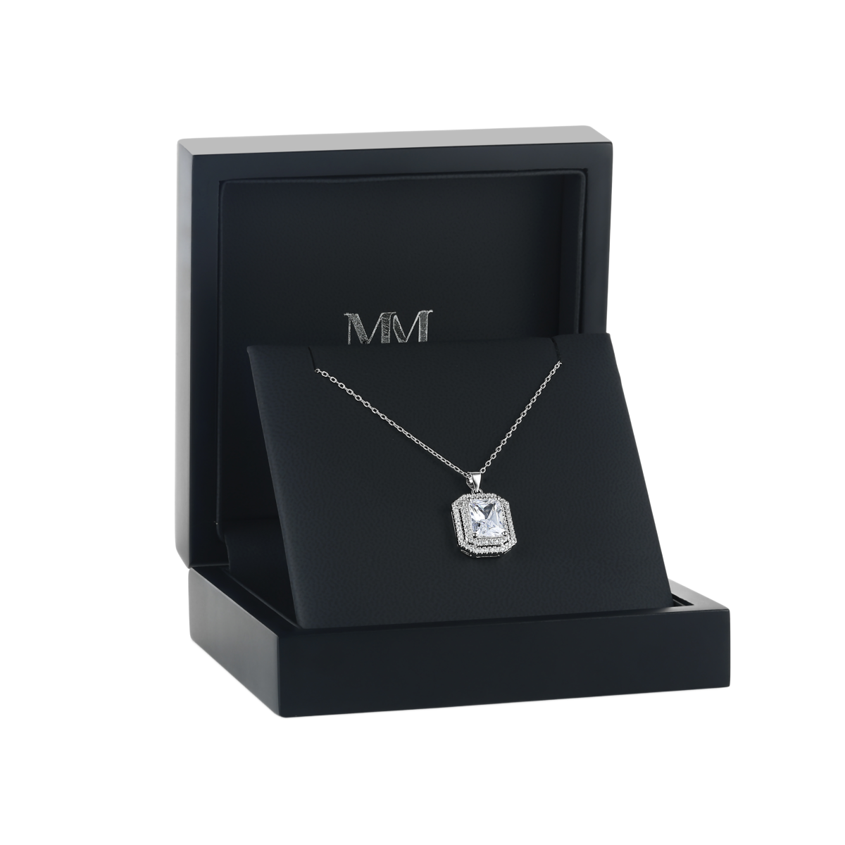Cristallo - collana con pendente con moissanite taglio radiant e doppia corona di pietre