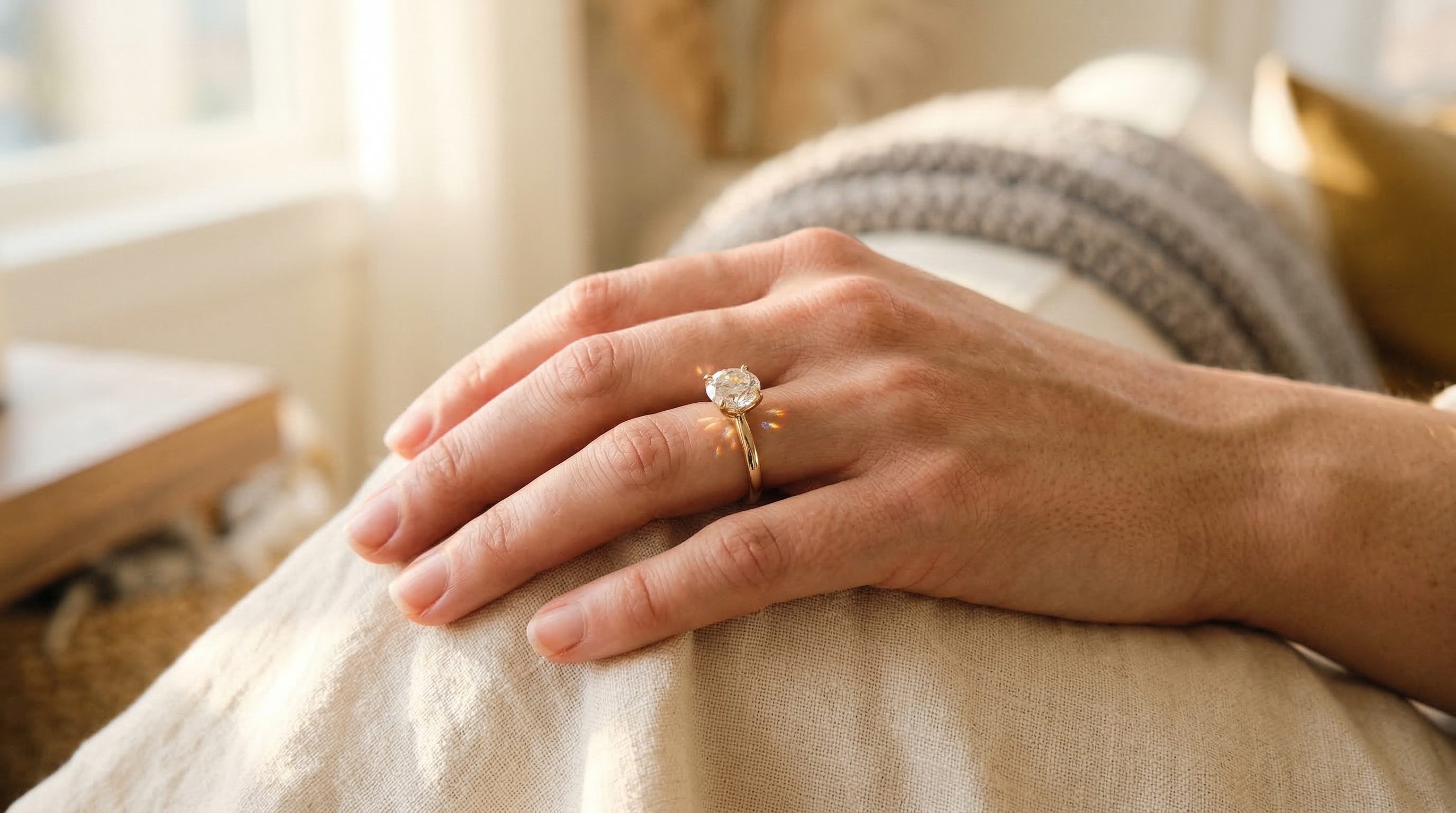 Anello di fidanzamento con moissanite che mostra una brillante dispersione della luce e il fuoco
