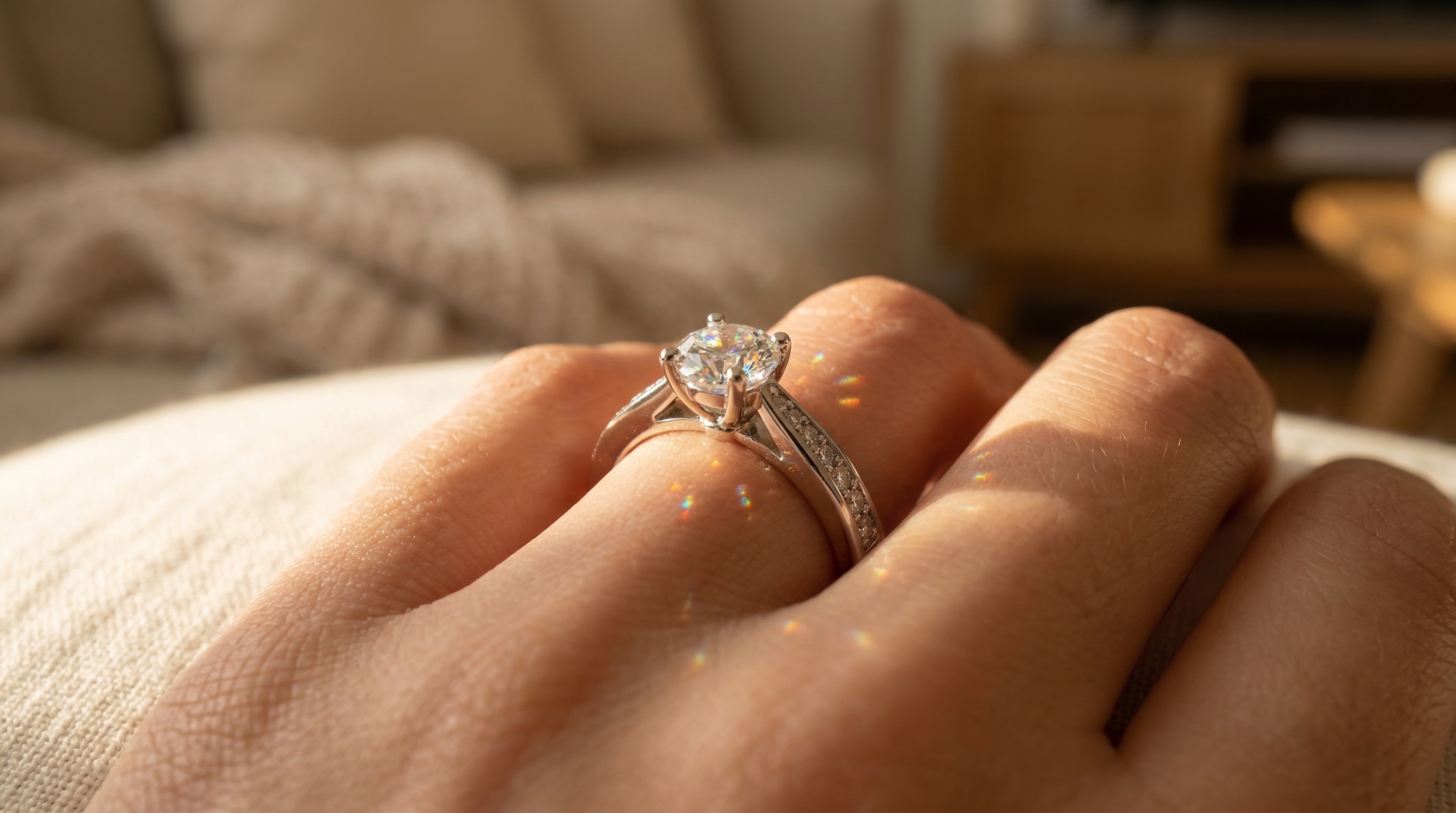 Anello con moissanite Sophia che mostra brillantezza e fuoco dai colori vivaci alla luce naturale del sole