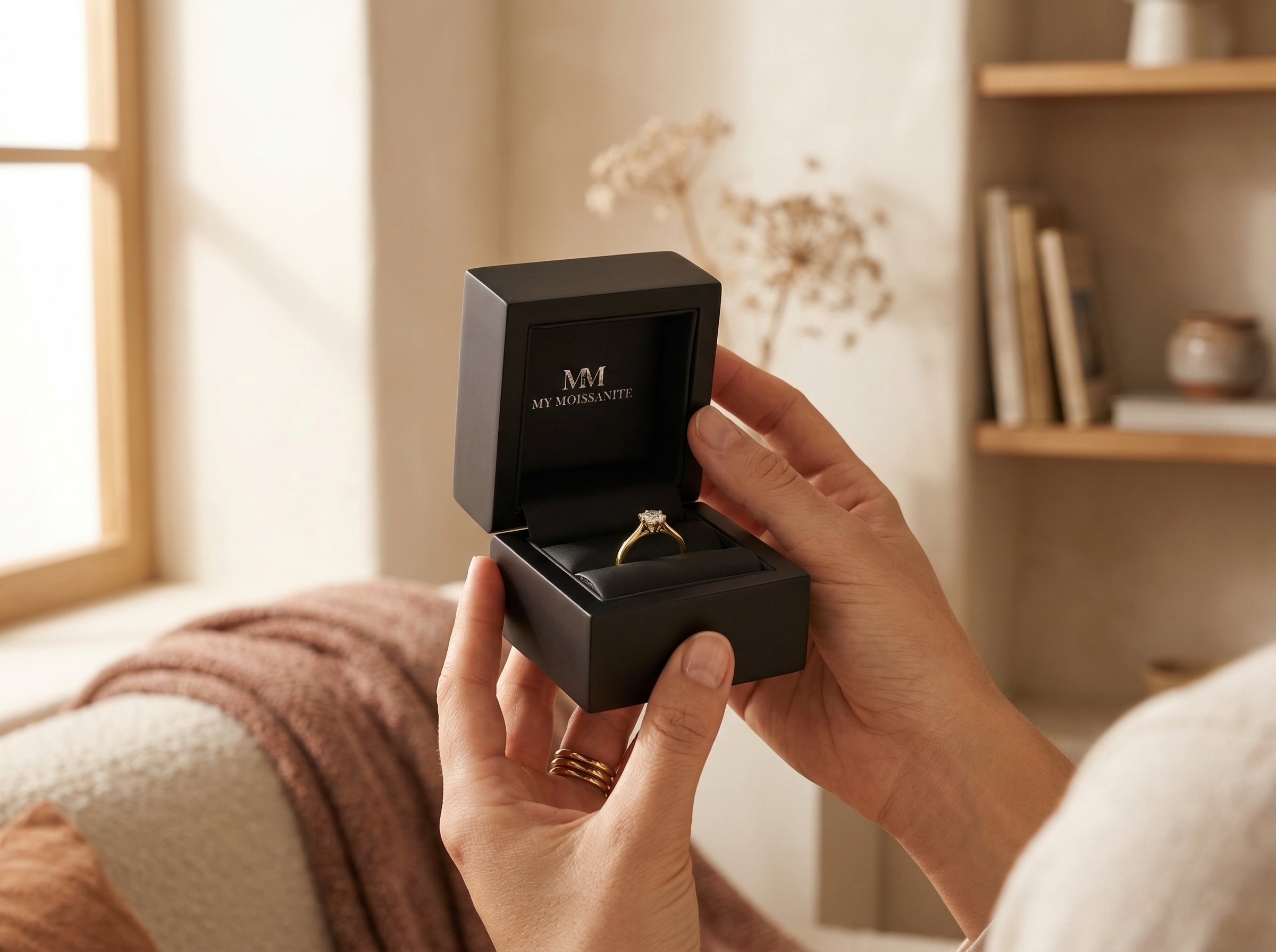 Scatola regalo premium in legno aperta con un anello all’interno, illuminata da una calda luce naturale