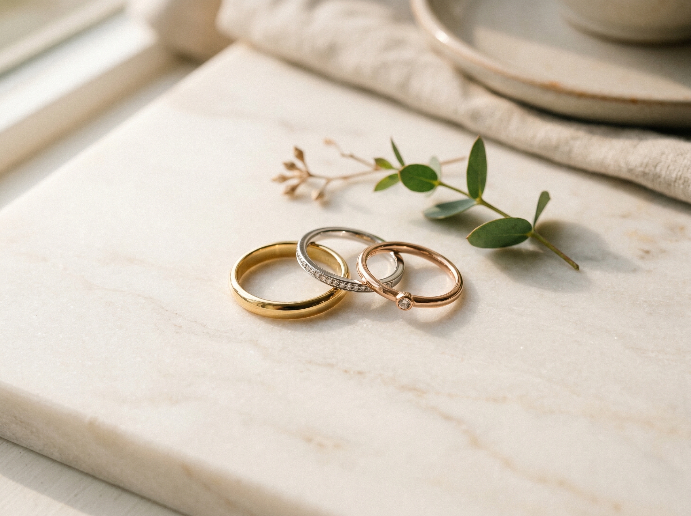 Tre anelli in oro giallo, oro bianco e oro rosa su una superficie di marmo color crema