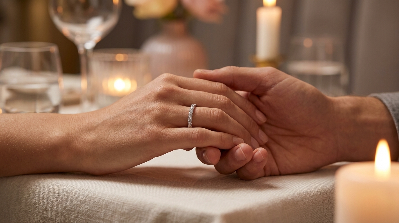 Coppia che condivide un momento intimo, anello con moissanite che riflette la luce delle candele