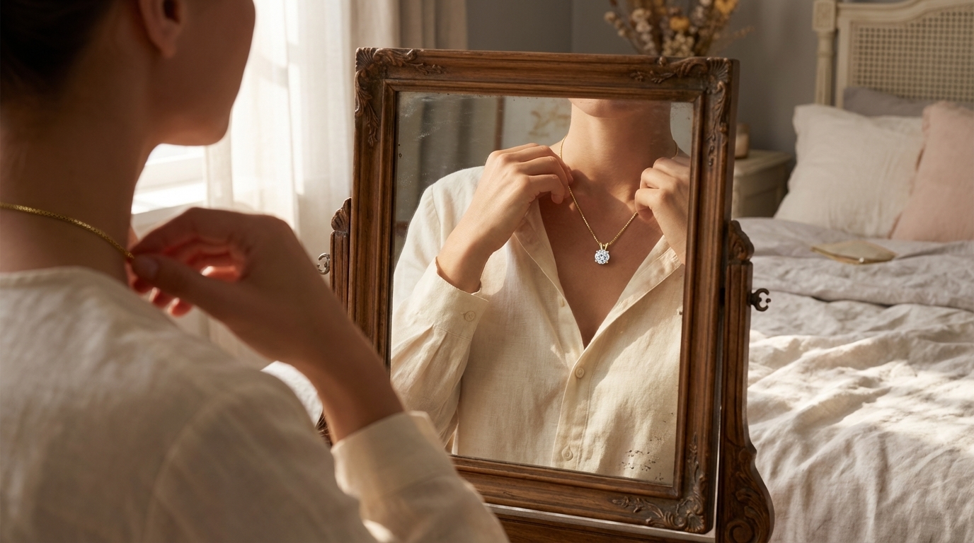 Donna che sistema una collana con ciondolo davanti allo specchio, luce naturale calda